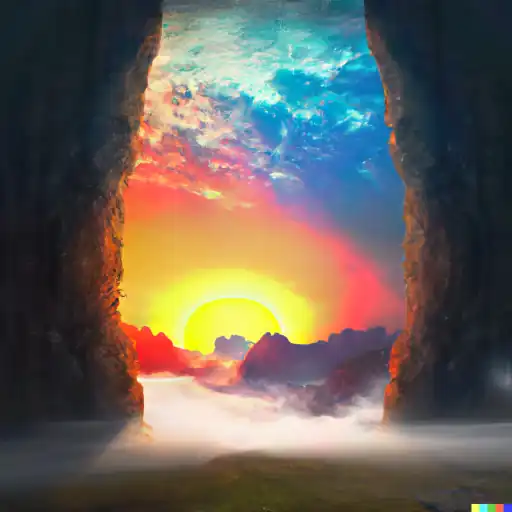 DALL·E 2022 10 25 17.05.34   Colorful mist explosions as a Portal to another dimension as Breakthrough in a wall and behind are the tops of the mountains with a sunrise and , digi gigapixel low_res scale 6_00x
